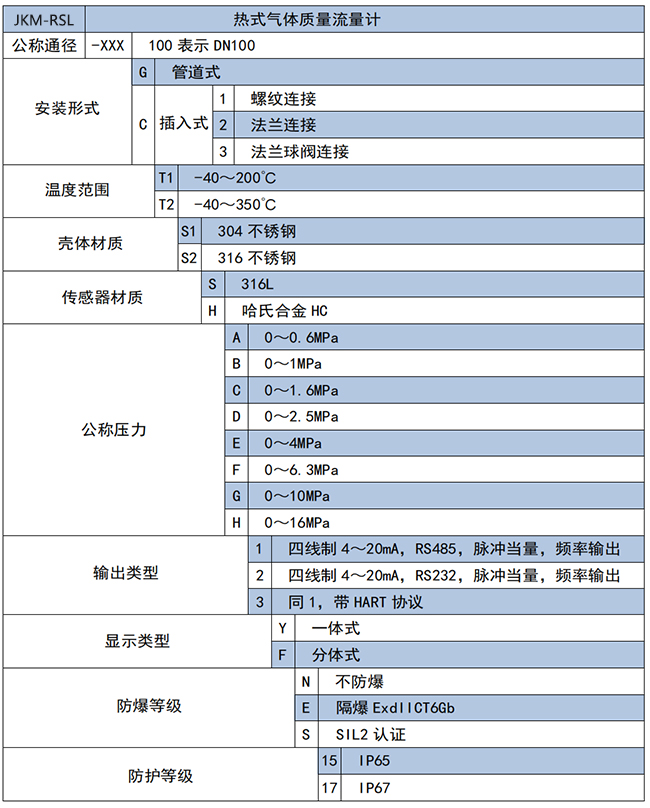 氫氣流量計選項表